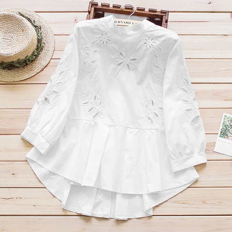 Casual Floral Embroidery Ruffle Blouse Women Flower Hollow Cotton White Shirt Blouse Blusas