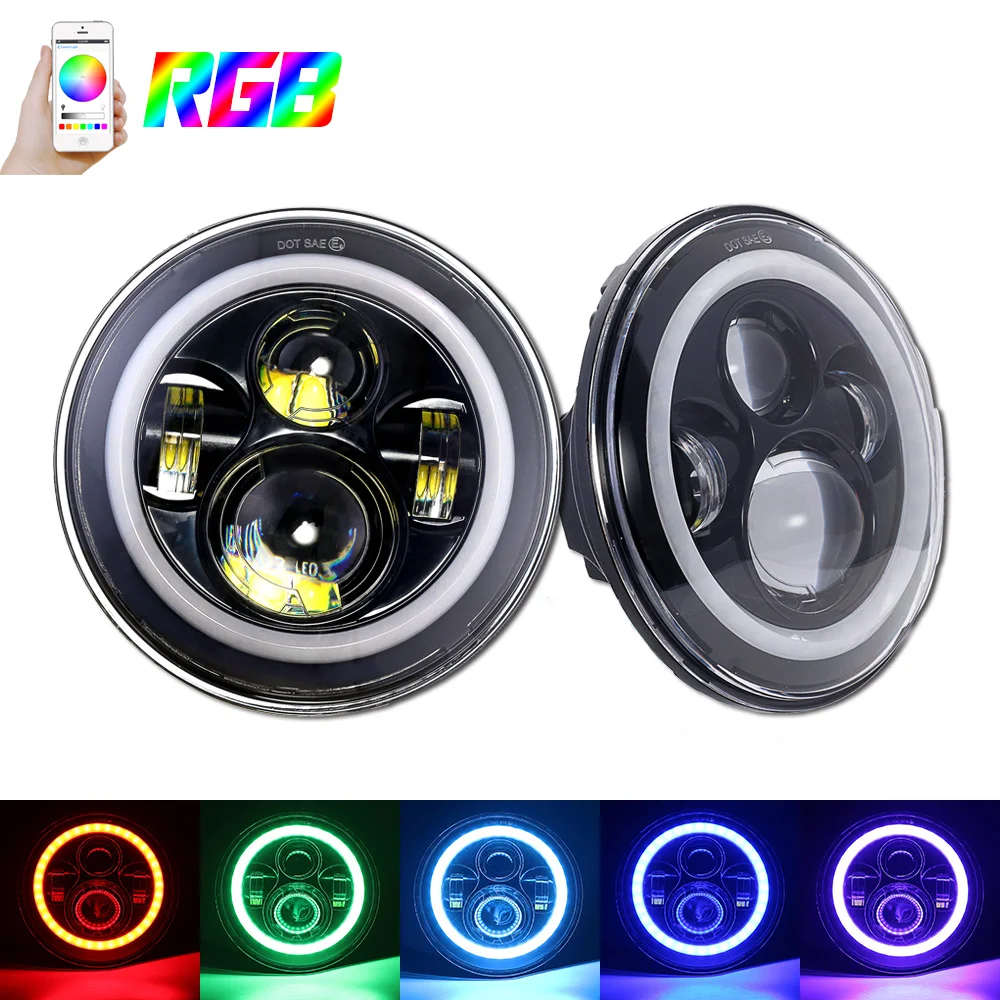 

NOVSIGHT 7" Round RGB Auto Car LED Headlights Angel Eye Halo Ring Bluetooth Phone Control 6500-7000K DRL FOR Jeep Wrangler