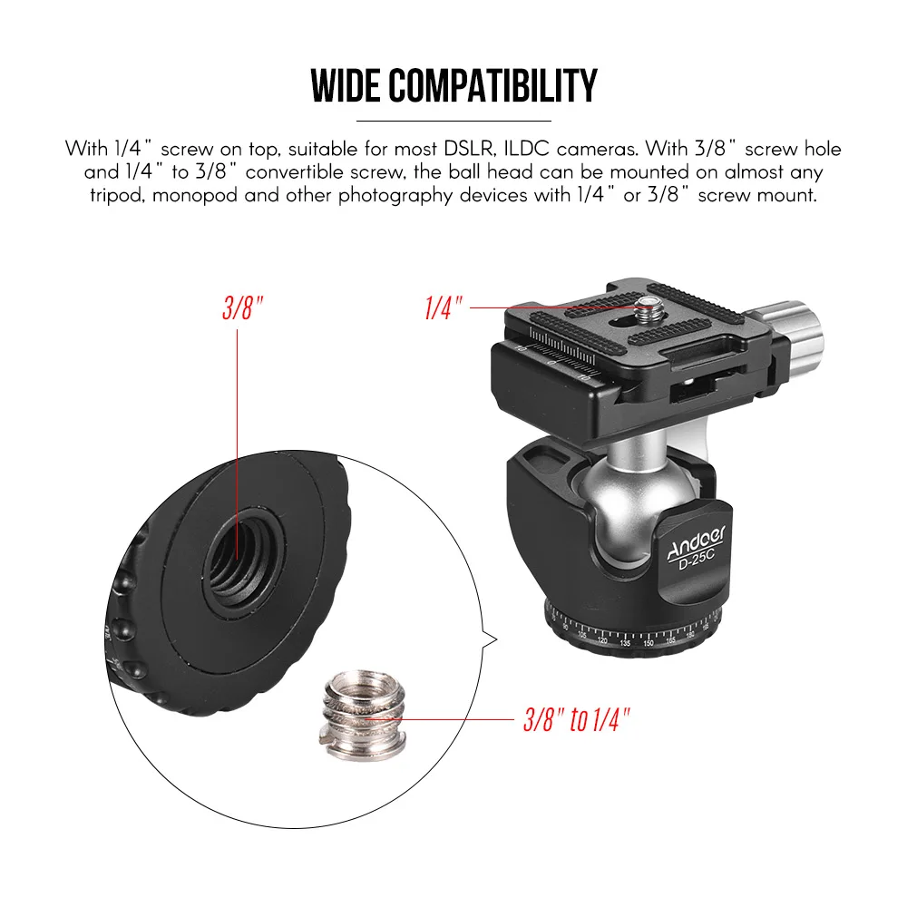 Andoer обработки двойной алюминиевый сплав Нотч шаровой головкой мини-шаровая Головка низкий центр тяжести для Canon Nikon sony DSLR ILDC камера