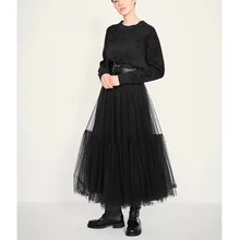 Cosmicchic 2019 Runway Designer Women Black Long Tulle Skirt High Waist Pleated Polka Dot Maxi Skirt Lolita Saia Jupe Faldas