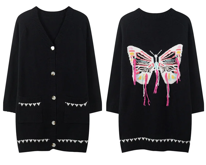 

white black colors women fall winter cardigan V-neck backside butterfly embroidery loose fashion knit cardigan long section