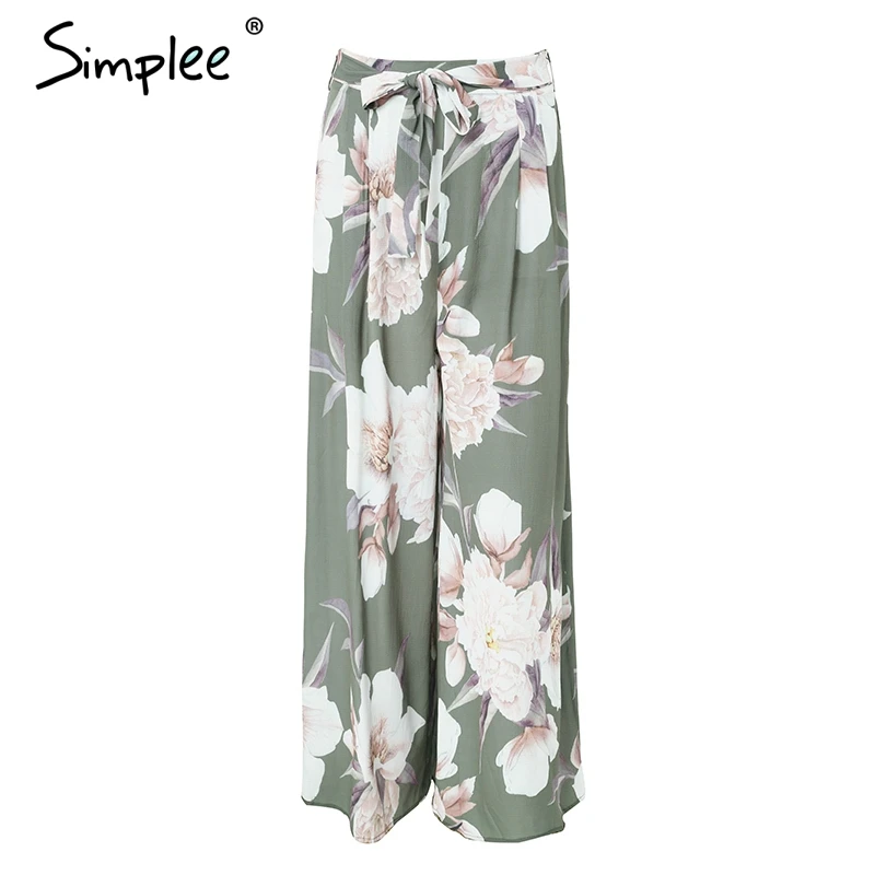 Женские штаны Simlee с цветочным принтом, весенние эластичные свободные повседневные брюки с широкими штанинами в стиле бохо, брюки с высокой талией и поясом - Цвет: Print1