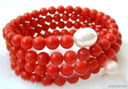 

Hot sale new Style >>>>>>4 Rows Genuine Real Red Coral White Pearl Adjustable Bangle Bracelet