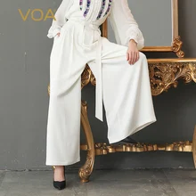 VOA Heavy Silk Long Trousers Solid White Office Wide Leg Pants Women Plus Size 5XL Mid Waist Fashion Casual Basic Formal K335