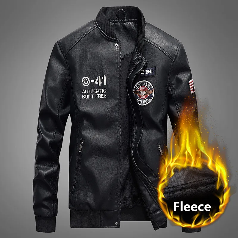 

Pilot Bomber Jackets Men 2019 Brand Embroidery Baseball Jacket Pu Faux Leather Male Casual Luxury Fleece Letter Military Coats