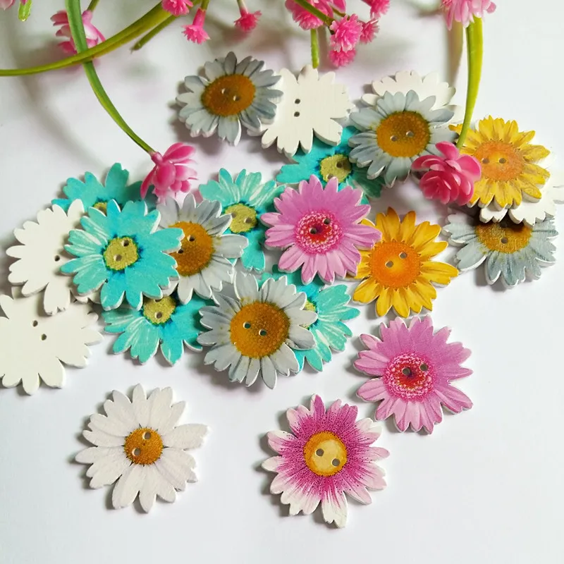 

30pcs Sunflower Painted Wooden Buttons Decorative For Sewing Botoes for Children clothes scrapbooking 35mm