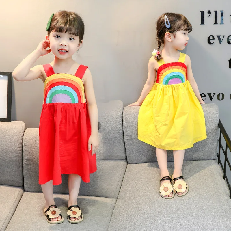 

Beautiful rainbow vest boutique girl cotton dresses red yellow summer fashion dress