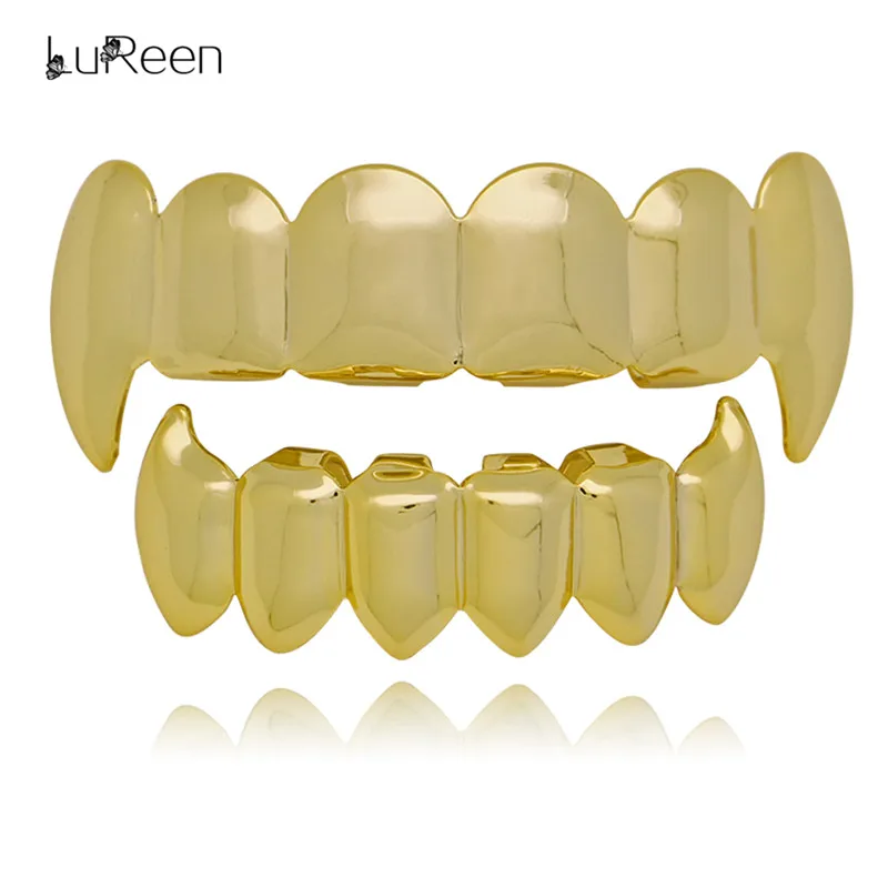 

LuReen Gold Teeth Grillz Top&Botom Tooth Grills Dental Halloween Fang Vampire Teeth Caps Party Body Jewelry XHYT1076