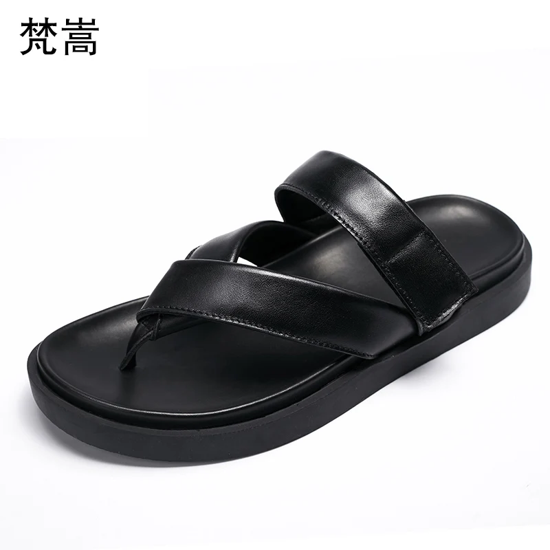 

European station summer thick bottom cowhide Genuine Leather flip-flops fender summer men genuine leather slippers beach shoes