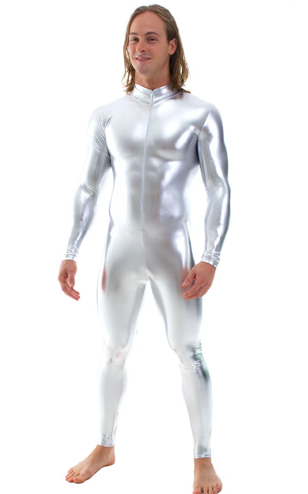 LZCMsoft полный костюм зентай лайкра спандекс костюм для мужчин комбинезон блестящий металлик кожа колготки Золотой зентай костюм передняя молния комбинезон - Цвет: Silver