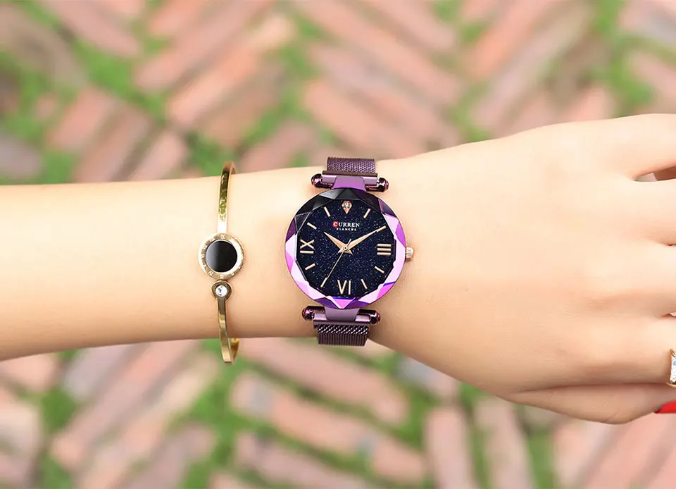 CURREN Роскошные женские наручные часы со стразами модные креативные женские наручные часы романтическое звездное небо кварцевые часы подарок на день Святого Валентина фиолетовый
