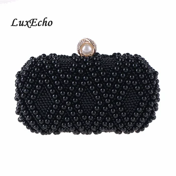 

LuxEcho small beads bag women Wedding Day clutches bridal fashion purse party bags handle black/white/champagne
