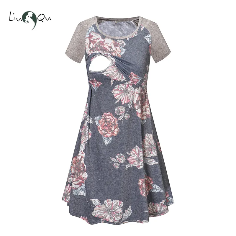 

Maternity Breastfeeding Dress Pregnant Vintage Print Short Sleeve Nursing Maternity Dress Floral Loose Mama Pregnancy Clothes