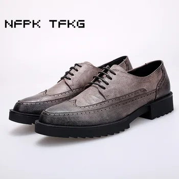 

high quality men fashion wedding party dress genuine leather brogue shoes platform carving bullock shoe pointed toe zapatos male