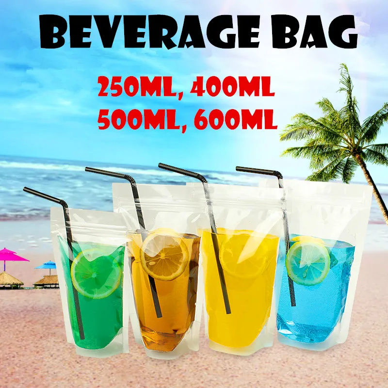 

100pcs 250ml/400ml/500ml/600ml High Clear Summer Beverage Bag Transparent Self-sealed Juice Zipper Packaging Party Beverage Bag