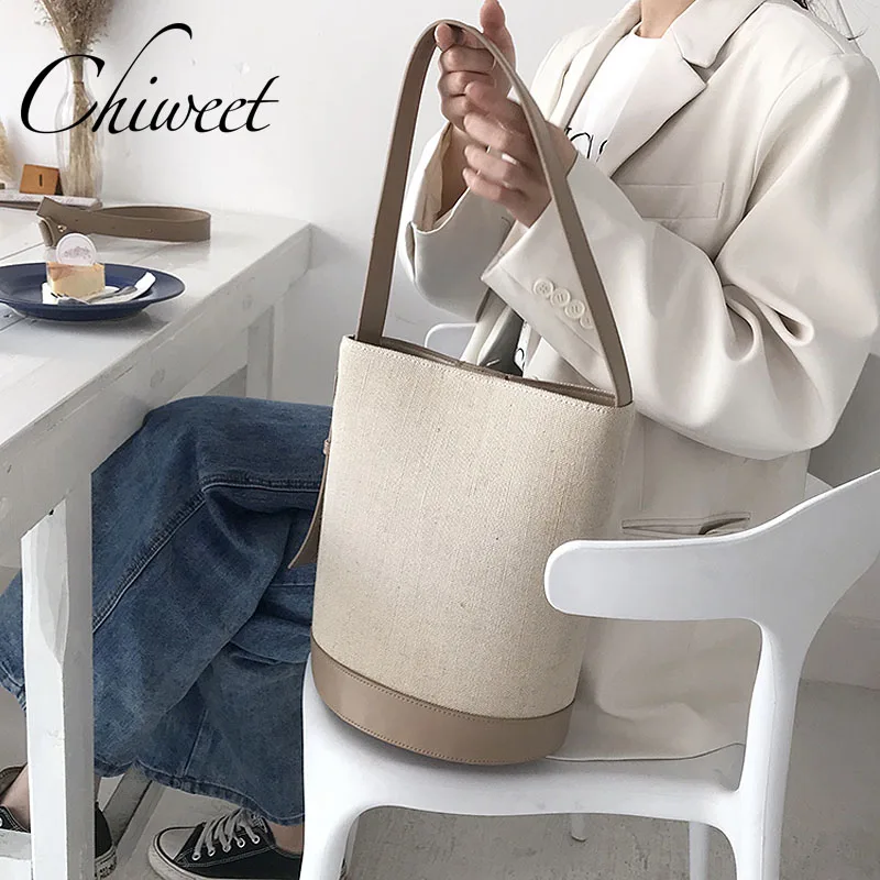 

Chic Luxury Women Large Bucket Bag Canvas PU Leather Handbags Patchwork Shoulder Bag Korean Designer Simple Ladies Messenger Bag