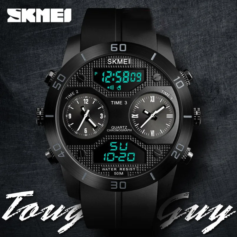 

SKMEI Fashion Men Dual Display Wristwatches 3 Time Countdown Chronograph Stopwatch 50M Waterproof Clock Outdoor Sports Watches