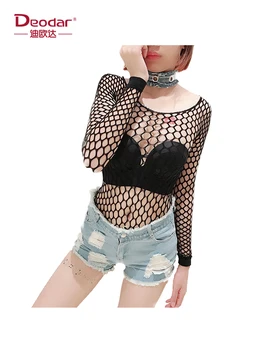 

Deodar Casual Summer Women's Slim Long-Sleeved Mesh Perspective Cartoon Printing Short t Shirt Top Hollow Out T-shirt