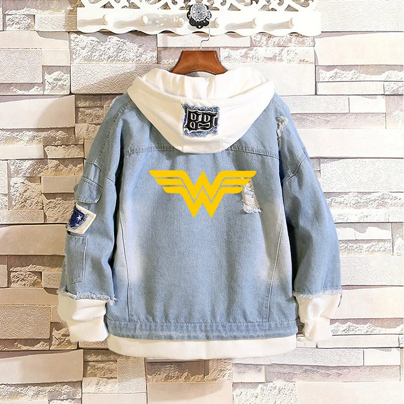 

Wonder Woman Comic Hero W Anime Fake 2 Pieces Casual Jacket Cosplay Denim Jacket Autumn Hooded Sweatshirt Unisex Outwear Coat