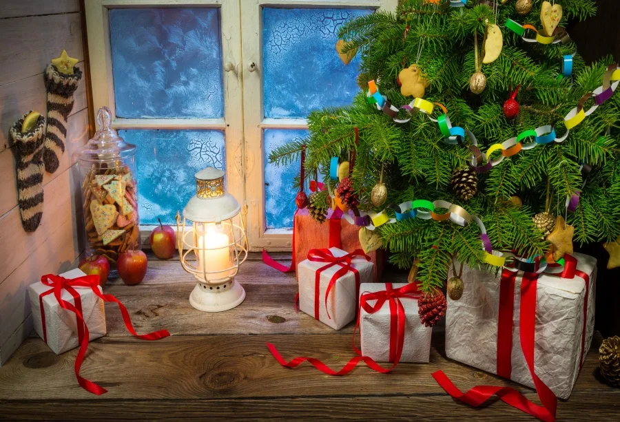 

Laeacco Christmas Tree Lamp Gifts Stockings Window Baby Photography Background Customized Photographic Backdrop For Photo Studio