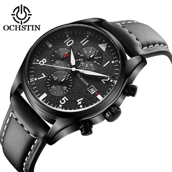 

Quartz Watch Men Sport Multifunction Dials Chronograph Waterproof Watch Calendar Luminous Leather Strap Business Watch for Men