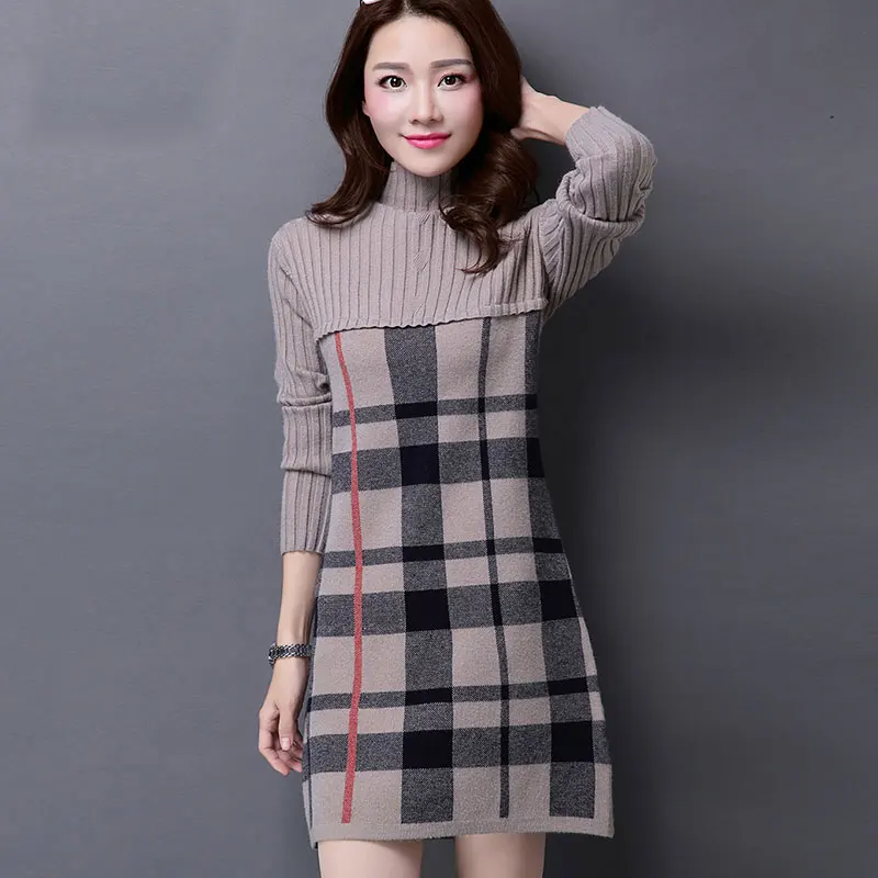 

S-3XL New Women's Sweater Autumn and Winter 2019 Fashion Medium-long Patchwork Long-sleeve Turtlrneck Plaid Sweater Dress Female