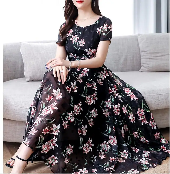 

Bohemian Style Plus Size M-4XL Round Collar Flower Printed Short Sleeve High Quality Woman A Patterned Chiffon Long Dress