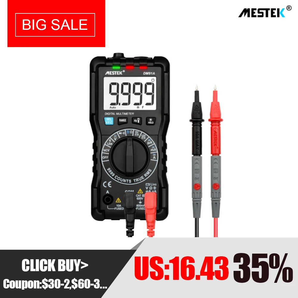 

MESTEK Mini Digital Multimeter DM91A 9999 Counts True RMS Auto Range AC/DC Volt Amp Ohm Diode Continuity Capacitance Tester