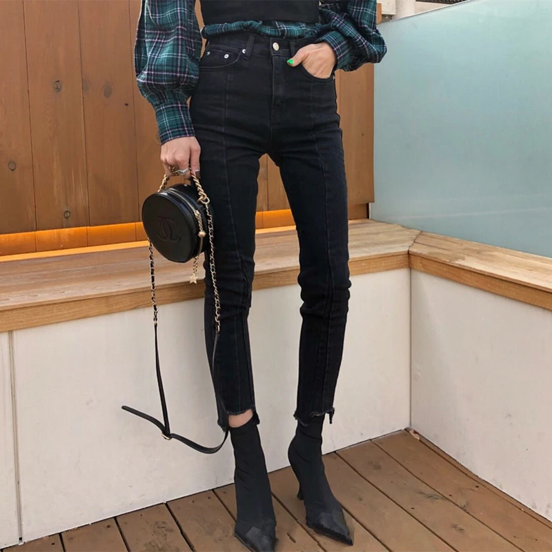 Весенне-летние Асимметричные Стрейчевые джинсы в стиле пэчворк, женские обтягивающие штаны с кисточками и высокой талией, Капри, Женские джинсы-карандаш