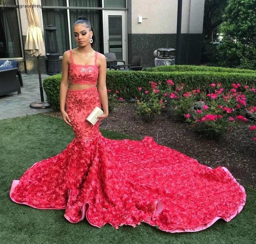 Hot Sell Floral Two Pieces Mermaid Prom Dresses 2019 African Black Girl Luxury 3D Rosettes Long Train Prom Gowns Custom Made BC1175  228 (3)