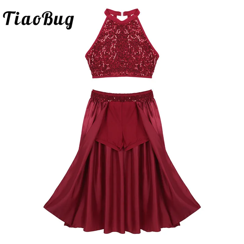 TiaoBug Women Ballet Dress Sequin Halter Crop Top with Built-In Leotard Skirt Set Adult Stage Competition Lyrical Dance Costumes