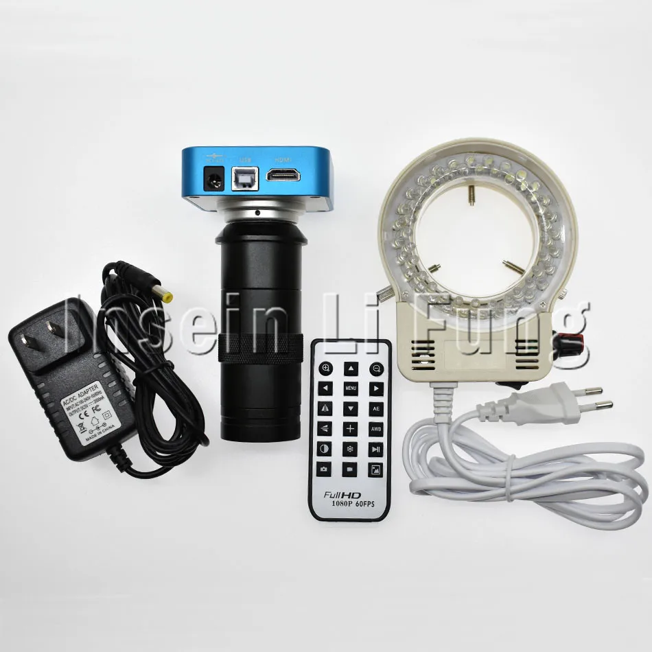 Full HD 20MP 1080P 60FPS HDMI USB Industriële Digitale Video Microscoop Camera + 8X-130X C-mount Lens + verstelbare 60 LED Lichtbron Full HD 20MP 1080P 60FPS HDMI USB Industriële Digitale Video Microscoop Camera + 8X-130X C-mount Lens + verstelbare 60 LED Lichtbron
