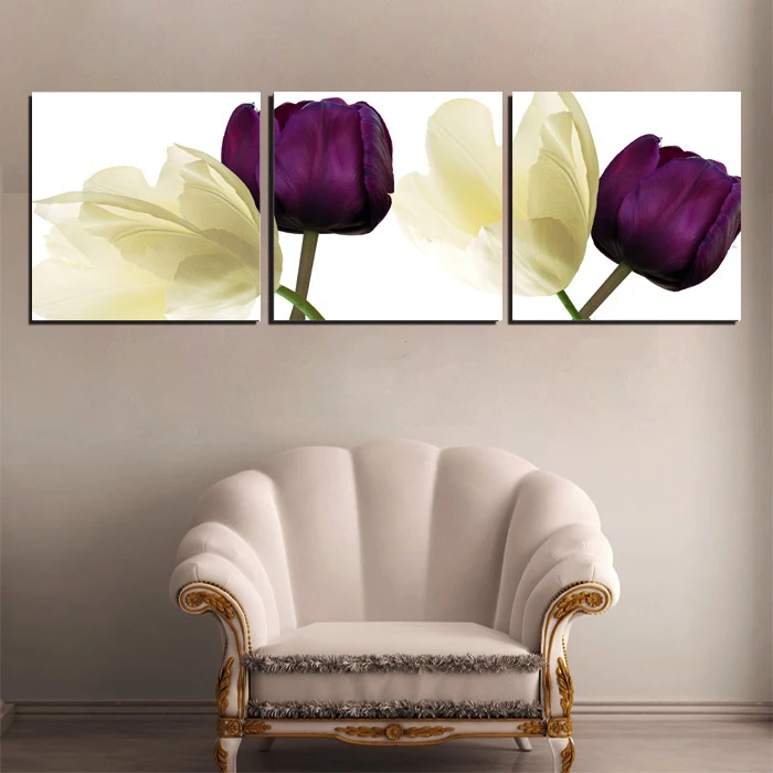 3 Pieces Yellow Purple Flowers Canvas pictures For Living Room wall art