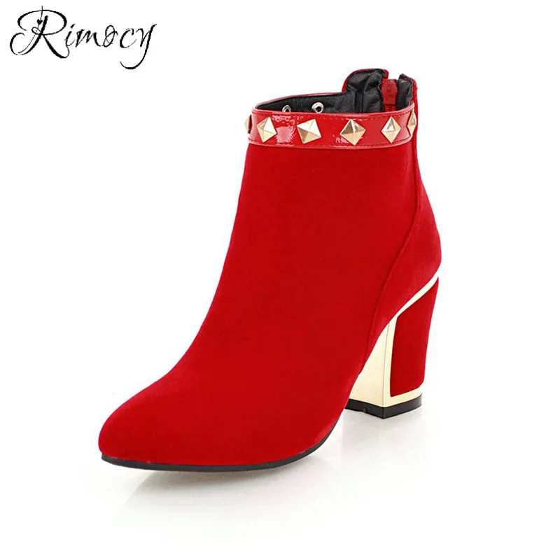 

Rimocy Thick High Heels Booties Woman 2018 Winter Flock Back Zipper Rivets Female Ankle Boots Black Red Party Footwear Plus Size