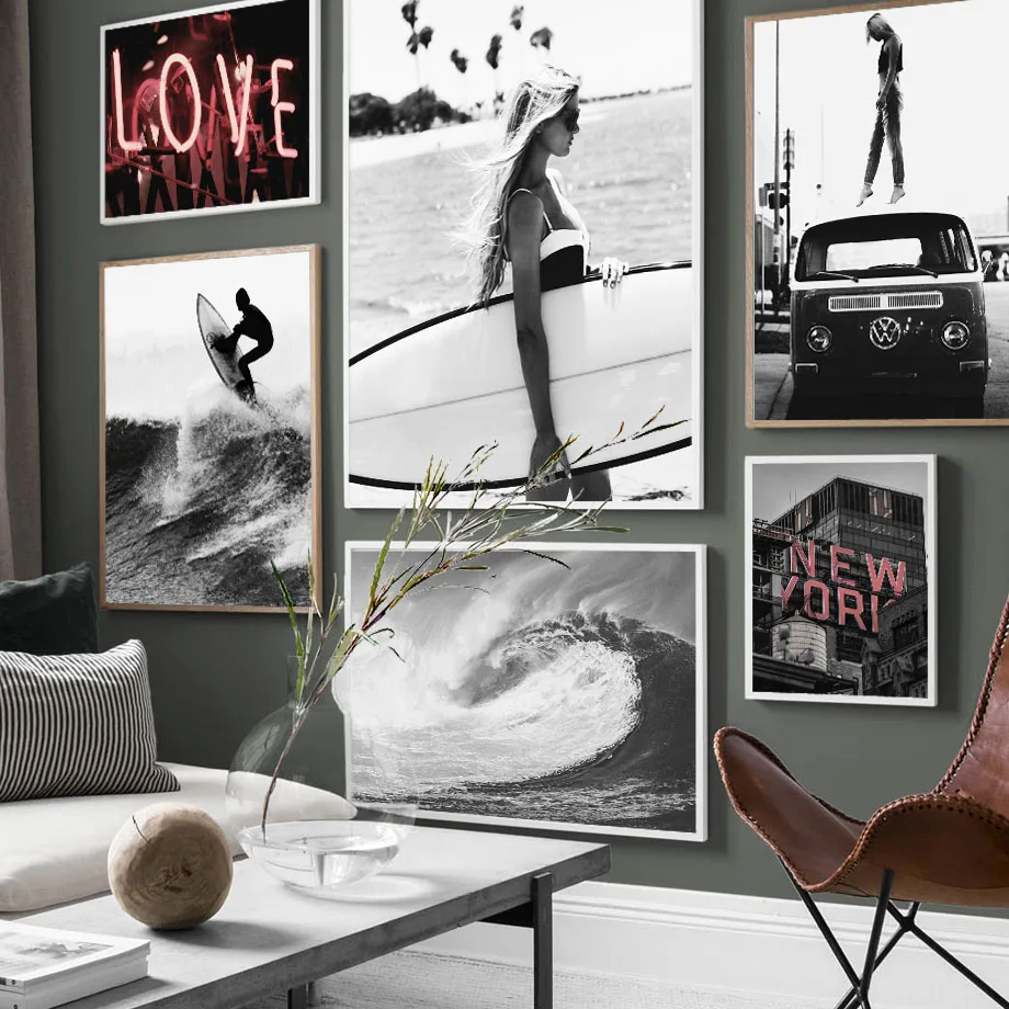 

Surfing Girl Love New York City Wall Art Canvas Painting Black White Sea Nordic Posters And Prints Wall Pictures For Living Room