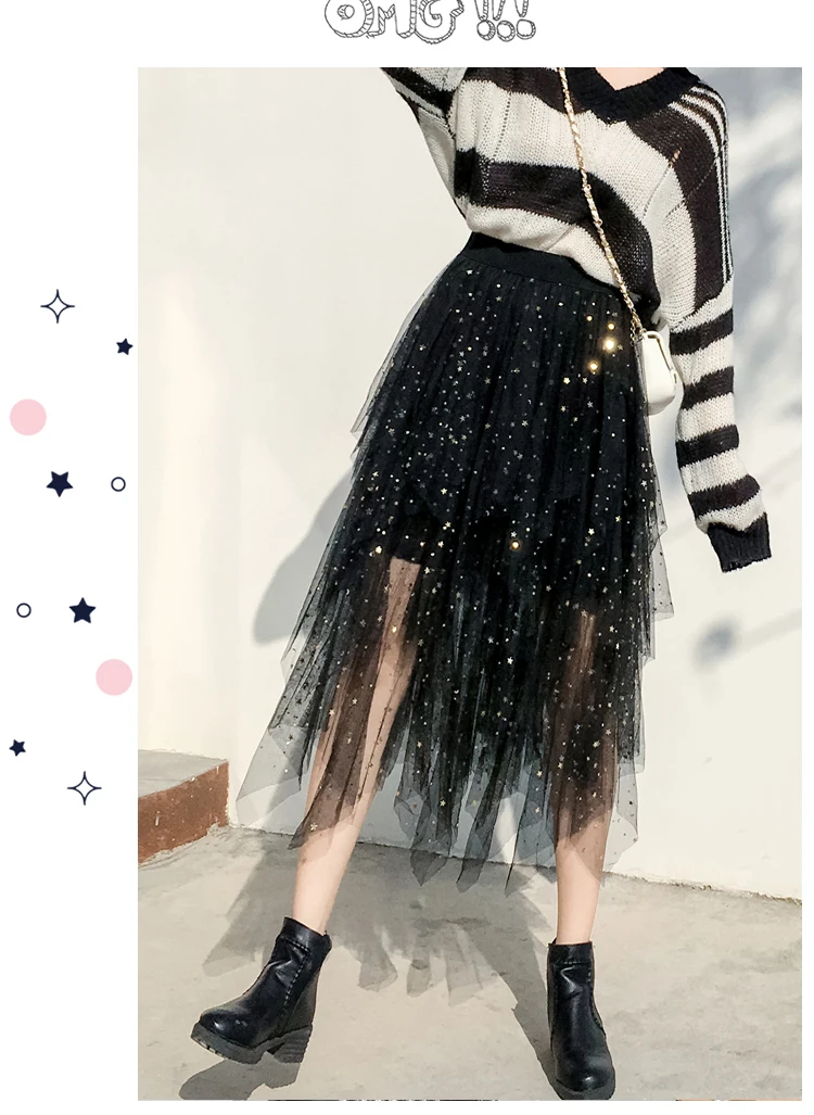 Women's Skirts Summer 2020 New Korean Stars Sequin Elegant High Waist A-line Pleated Elastic Belt School Spring Midi Skirt Femme