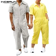 Уличная Мужская одежда, комбинезон, брюки с отворотами, с короткими рукавами, карманами, повседневные Комбинезоны,, свободные, модные, мужские, рабочая одежда, INCERUN