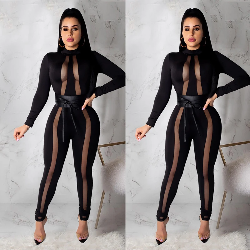 

Sexy Bodycon Jumpsuits for Women Clothes 2019 Club Jumpsuits Black Transparent Mesh Patchwork Sashes Long Pants Romper Overalls