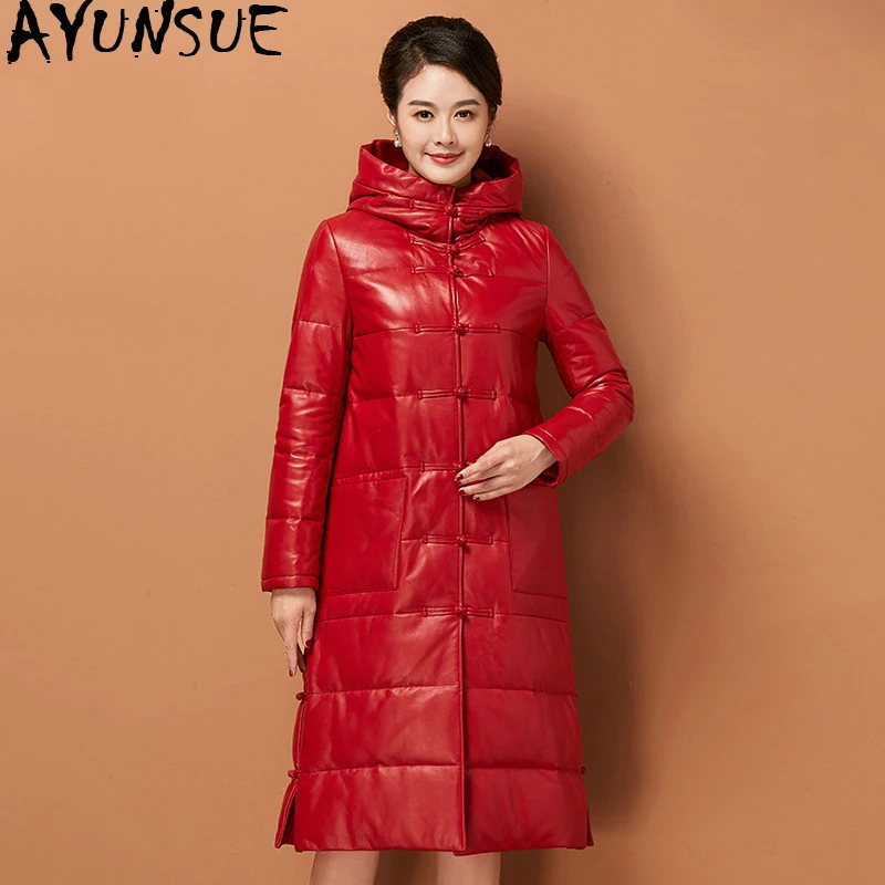 

AYUNSUE Autumn Winter Genuine Leather Jacket Women Red Female Down Jacket Long Coat Sheepskin Leather Hooded Overcoat KJ743