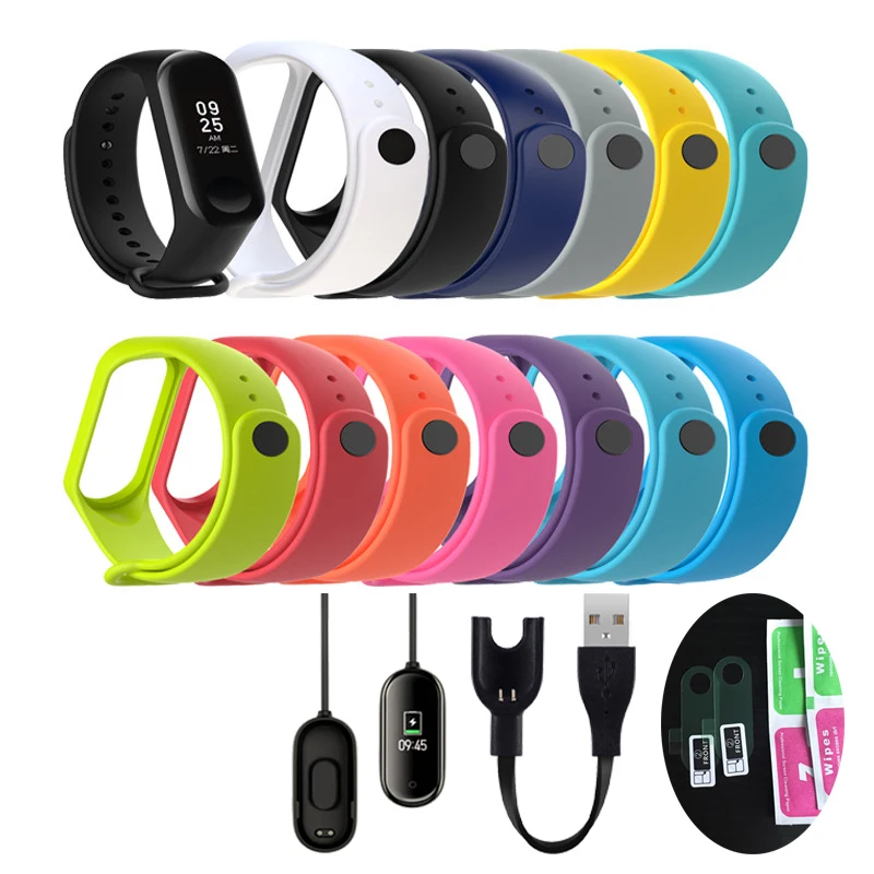 

For Xiaomi Mi Band 4 3 2 TPU Replacement Strap Watchband,Tempered Hydrogel Protective Film,USB Charging Cable Adapter