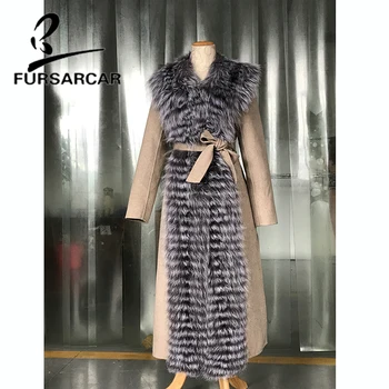 

FURSARCAR New Style Real Fur Coat Women 120 CM Length Winter Wool Skin Fur Coat With Big Long Silver Fox Fur Collar Hot Sale