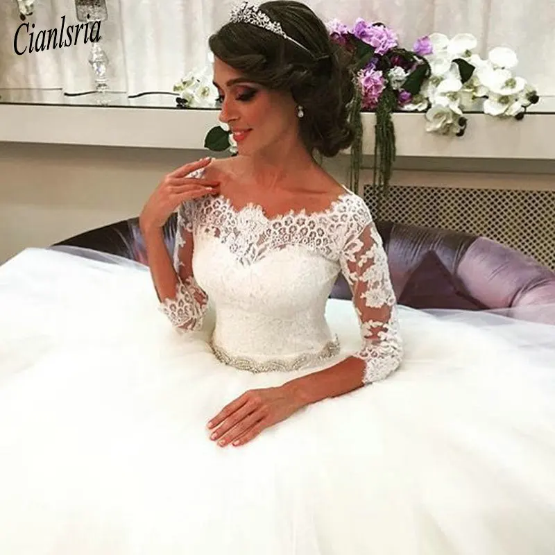 White Princess Wedding Dress 2020 Ball Gown Scoop Neck 3/4 Sleeve Lace Beaded Arabic Robe De Mariage Bridal Custom Made | Свадьбы и