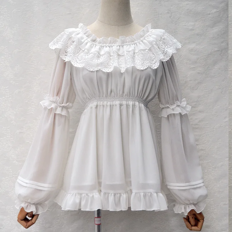 

Female Autumn Full sleeve Chiffon Shirts Agaric Lace Collar Shirts Ruffles Hem Women Elegant Princess Vintage Lady Lolita Blouse