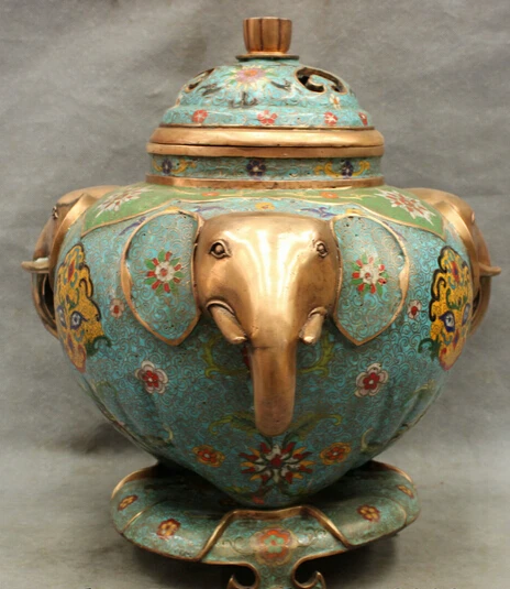 

shitou 001892 16" Marked Chinese Cloisonne Bronze Gilt 3 Elephant Head Statue Incense Burner
