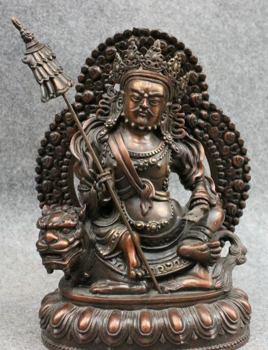 

song voge gem S5142 11" Tibet Pure Bronze Mammon King Vaisravana Buddha Dhammapala Ride Lion Statue