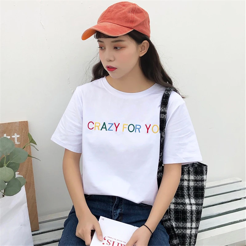

Embroidery Letters Summer Top White Black Simple Chic Korean Streetwear Women T Shirt Harajuku All-match Slim Loose Tshirt Femme