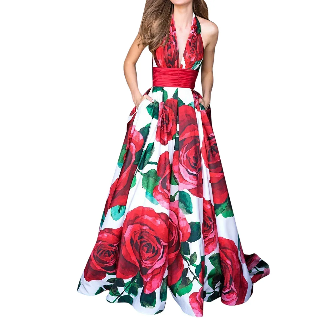 

MUQGEW women party dress V neck elegant dress Fashion Women Sexy Floral Print Halter Zipper Pocket Party Backless Long Dress#g4