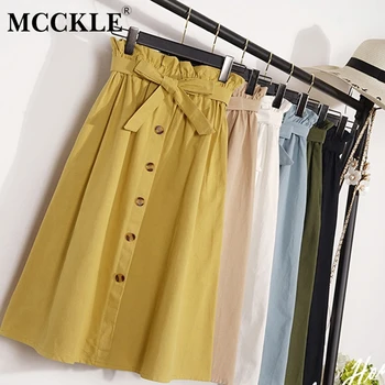 

Summer Autumn Skirts Women Mid Knee Length Korean High Waist Button A-line Skirt Female Pleated Casual Ladies School Skirts