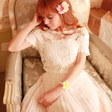 Платье принцессы в стиле «лолита» футболка Новое поступление Лето 2013 цветы размытый белый кружево свободный свитер с высоким воротником, Пляжное Платье, короткая рубашка с принтом забавных животных