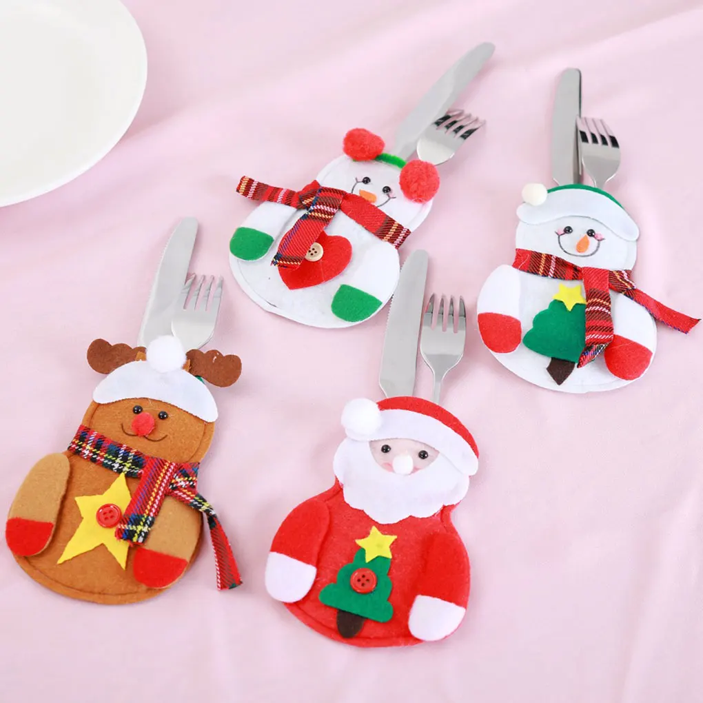 

NEW Merry Christmas Fork Holder Deer Red Heart Pattern Cutter Set Festival Decorations Cutlery Bag